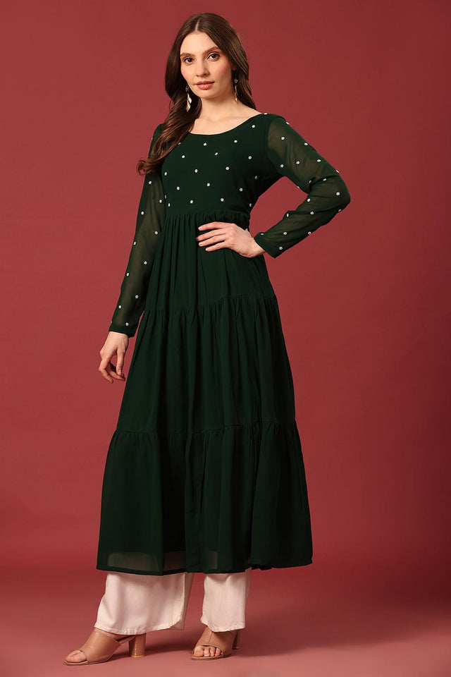 Dark Green Embroidered Georgette Kurti (AM-P-470-Green)