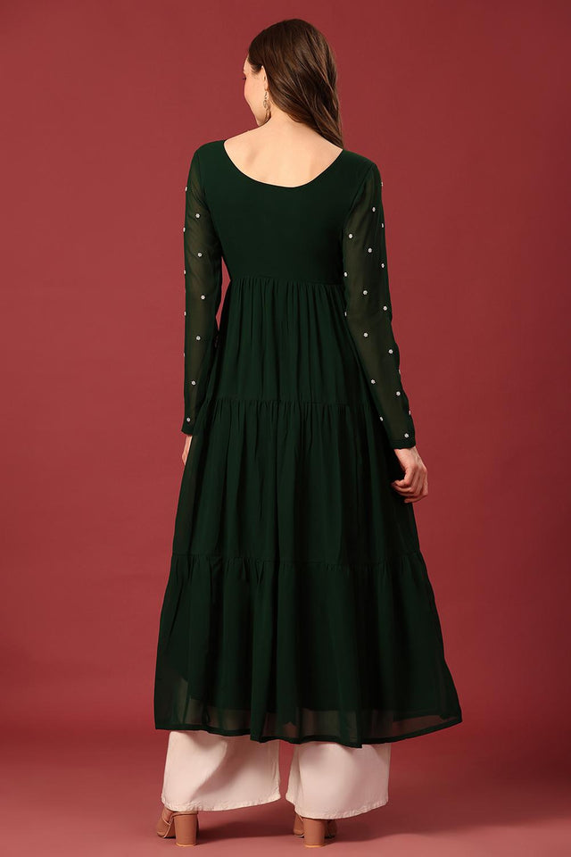 Dark Green Embroidered Georgette Kurti (AM-P-470-Green)
