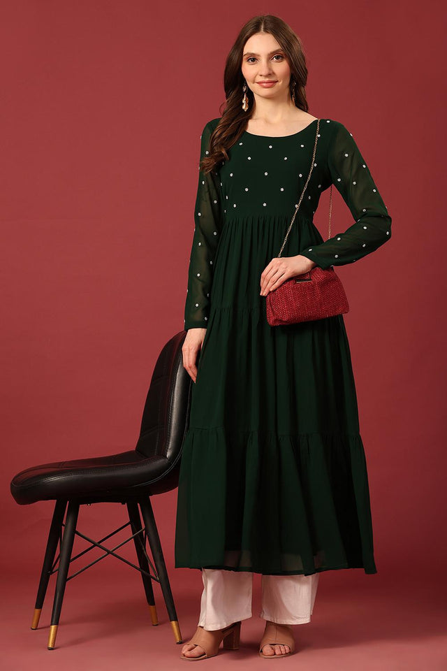 Dark Green Embroidered Georgette Kurti (AM-P-470-Green)