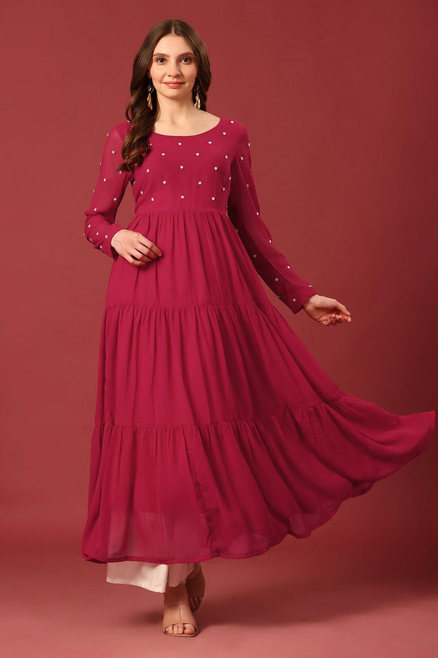 Dark Pink Embroidered Georgette Kurti (AM-P-470-Pink)