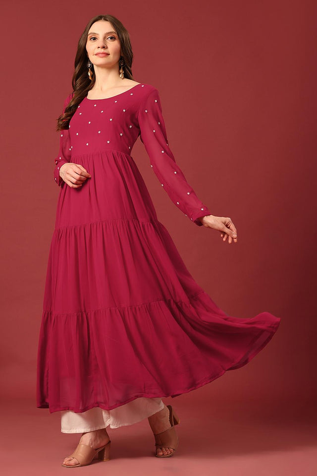 Dark Pink Embroidered Georgette Kurti (AM-P-470-Pink)