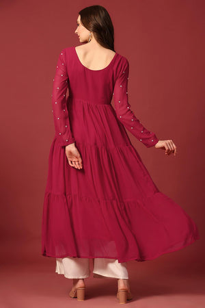 Dark Pink Embroidered Georgette Kurti (AM-P-470-Pink)