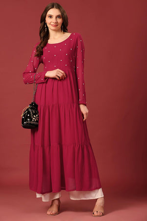 Dark Pink Embroidered Georgette Kurti (AM-P-470-Pink)