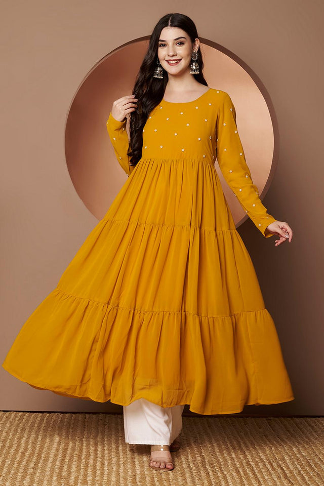 Yellow Embroidered Georgette Kurti (AM-P-470-Yellow)