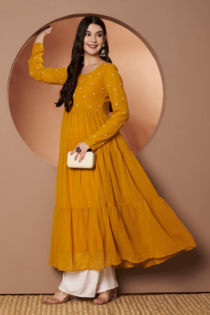 Yellow Embroidered Georgette Kurti (AM-P-470-Yellow)