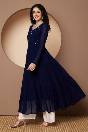 Blue Embroidered Georgette Kurti (AM-P-491-Blue)