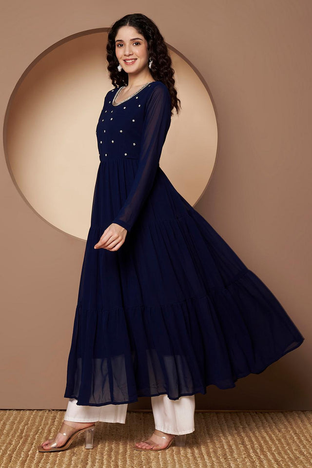 Blue Embroidered Georgette Kurti (AM-P-491-Blue)
