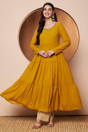 Mustard Embroidered Georgette Kurti (AM-P-491ustard)
