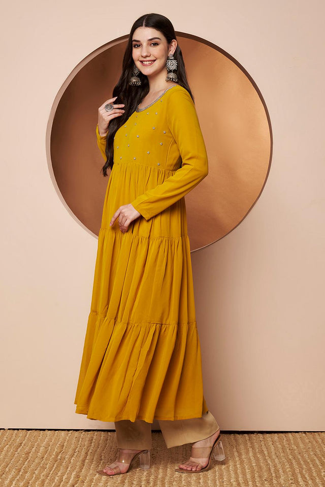 Mustard Embroidered Georgette Kurti (AM-P-491ustard)