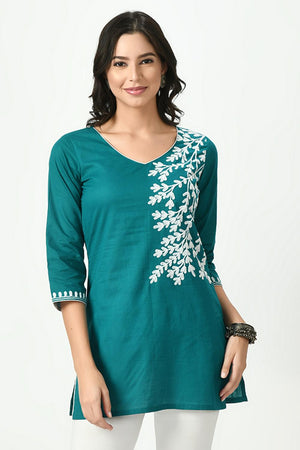 Blue Embroidered Cotton Kurti (AM-TO-2935)