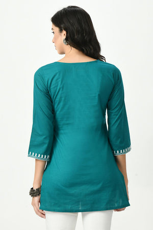 Blue Embroidered Cotton Kurti (AM-TO-2935)
