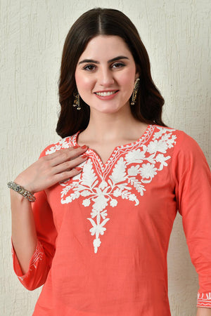 Peach Embroidered Cotton Kurti (AM-TO-2961)