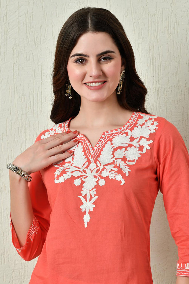 Peach Embroidered Cotton Kurti (AM-TO-2961)