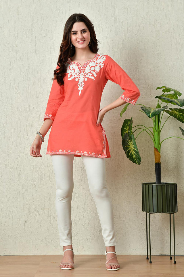 Peach Embroidered Cotton Kurti (AM-TO-2961)