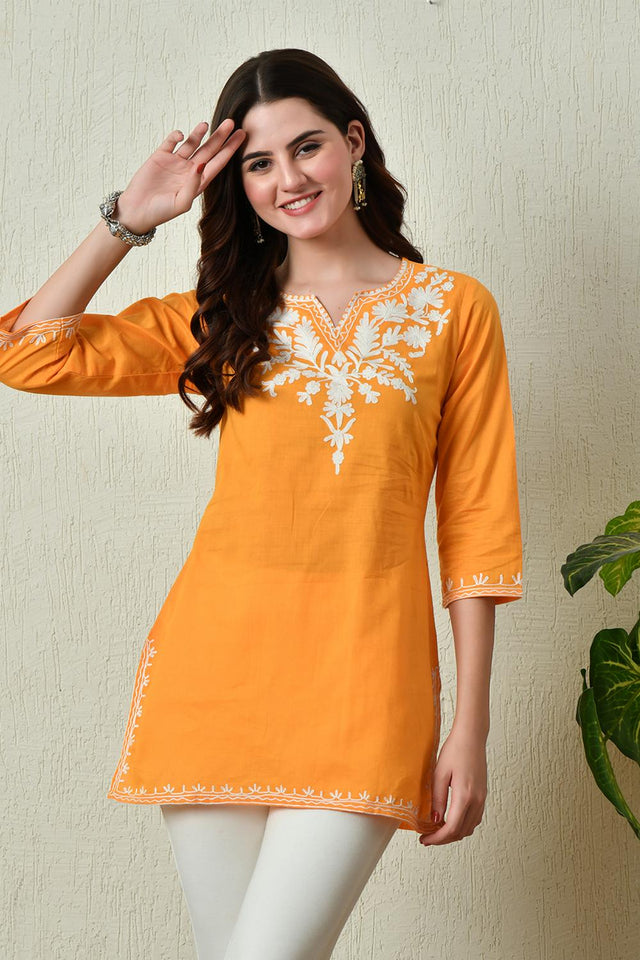 Mustard Embroidered Cotton Kurti (AM-TO-2962)