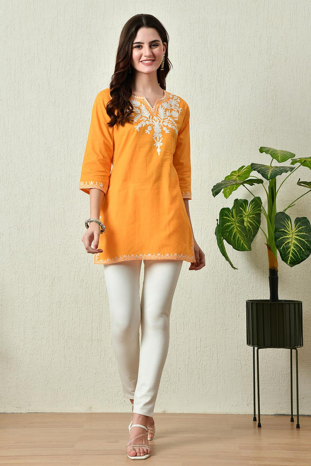 Mustard Embroidered Cotton Kurti (AM-TO-2962)