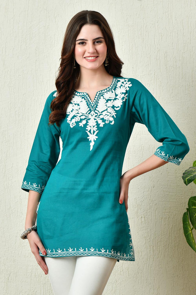 Green Embroidered Cotton Kurti (AM-TO-2963)