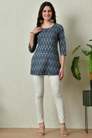 Grey Embroidered Cotton Kurti (AM-TO-2970)