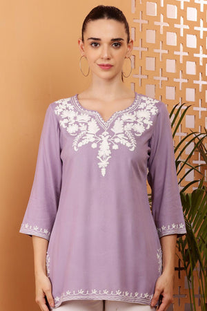 Lavender Embroidered Cotton Kurti (AM-TO-2978)