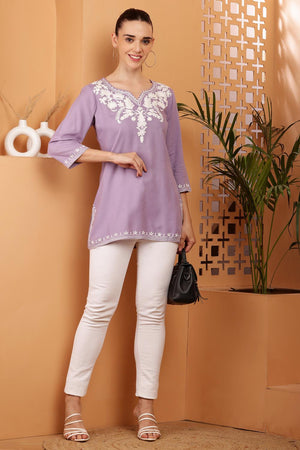 Lavender Embroidered Cotton Kurti (AM-TO-2978)