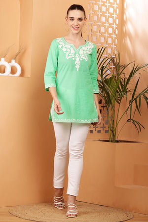 Yellow Embroidered Cotton Kurti (AM-TO-2980)