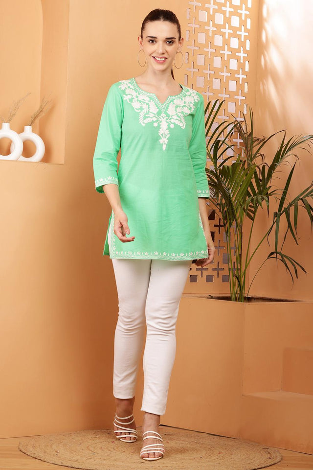 Yellow Embroidered Cotton Kurti (AM-TO-2980)