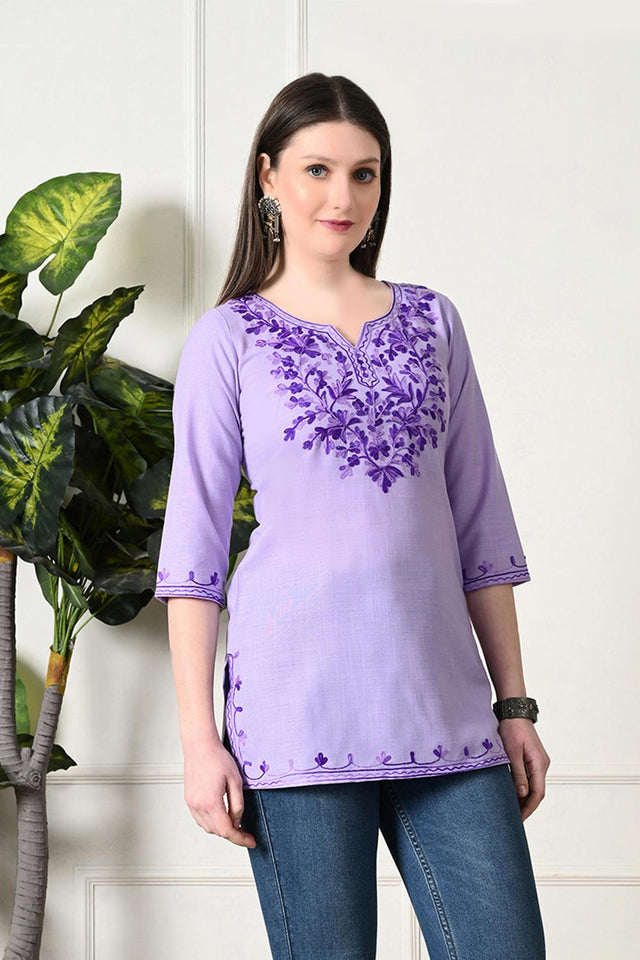 Lavender Embroidered Cotton Kurti (AM-TO-2994)