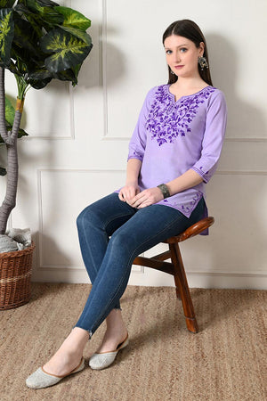 Lavender Embroidered Cotton Kurti (AM-TO-2994)