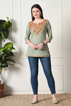 Olive Green Embroidered Cotton Kurti (AM-TO-2995)
