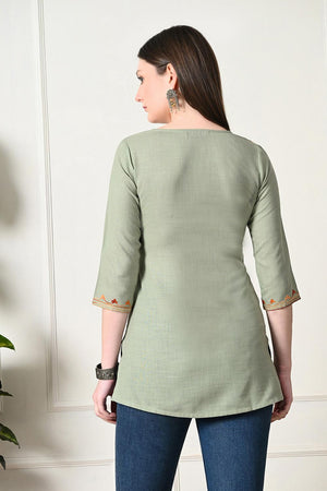 Olive Green Embroidered Cotton Kurti (AM-TO-2995)