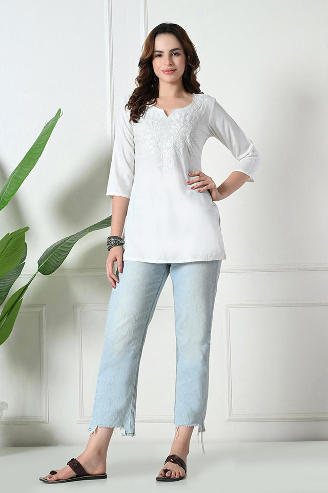 White Embroidered Cotton Kurti (AM-TO-3006)