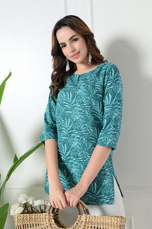 Blue Embroidered Cotton Kurti (AM-TO-3007)