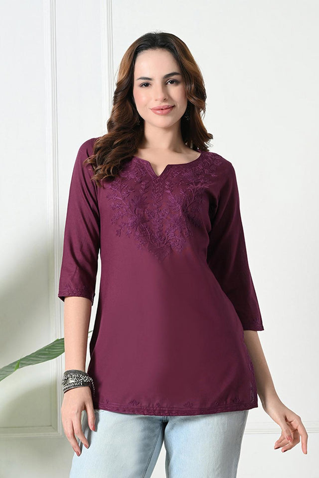 Maroon Embroidered Cotton Kurti (AM-TO-3008)