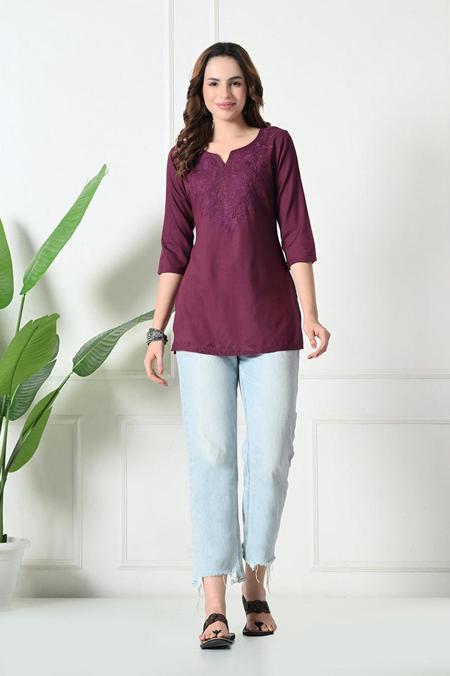 Maroon Embroidered Cotton Kurti (AM-TO-3008)