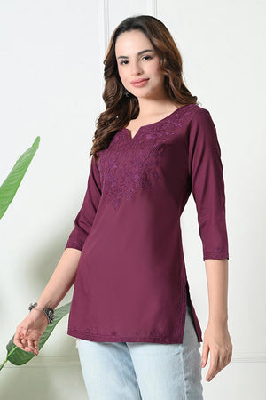 Maroon Embroidered Cotton Kurti (AM-TO-3008)