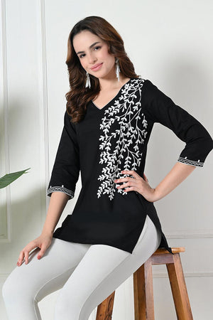 Black Embroidered Cotton Kurti (AM-TO-3009)