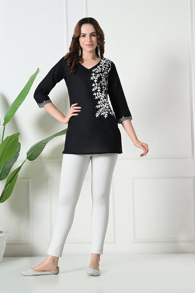Black Embroidered Cotton Kurti (AM-TO-3009)