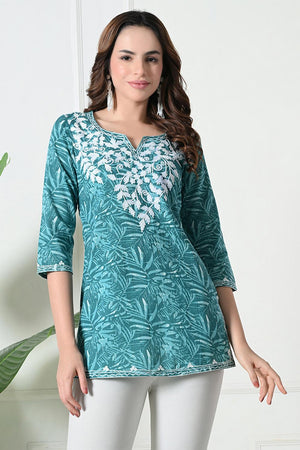 Blue Embroidered Cotton Kurti (AM-TO-3012)