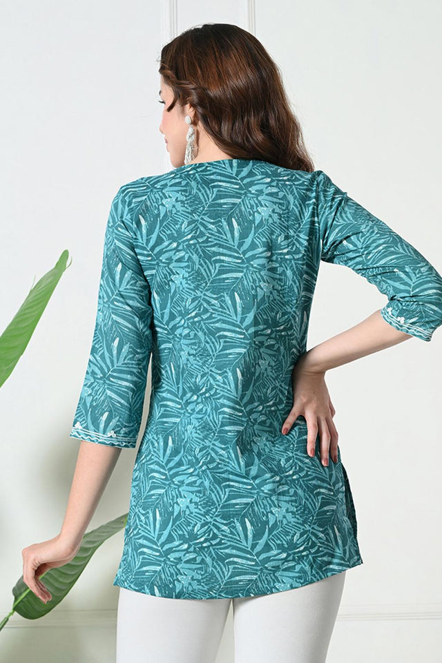 Blue Embroidered Cotton Kurti (AM-TO-3012)