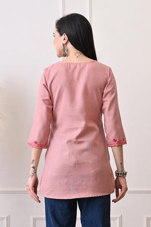 Peach Embroidered Cotton Kurti (AM-TO-3020)