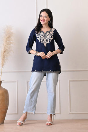 Blue Embroidered Cotton Kurti (AM-TO-3022)