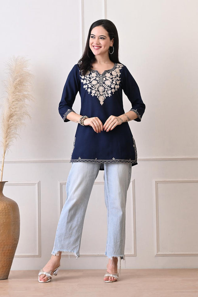Blue Embroidered Cotton Kurti (AM-TO-3022)