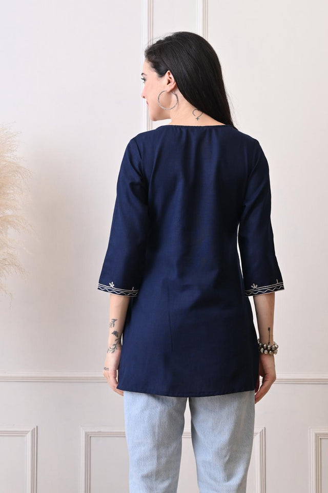 Blue Embroidered Cotton Kurti (AM-TO-3022)
