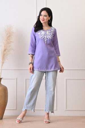 Lavender Embroidered Cotton Kurti (AM-TO-3023)