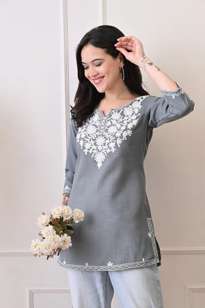 Grey Embroidered Cotton Kurti (AM-TO-3024)