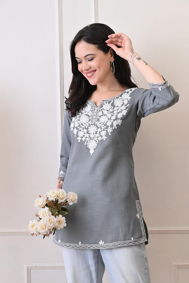 Grey Embroidered Cotton Kurti (AM-TO-3024)