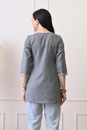 Grey Embroidered Cotton Kurti (AM-TO-3024)