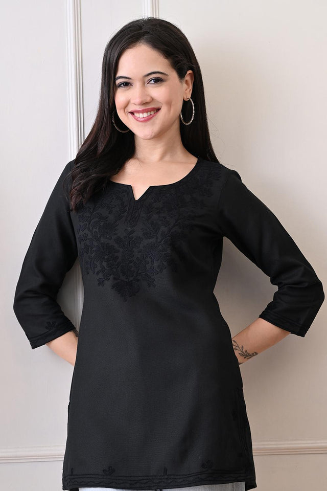 Black Embroidered Cotton Kurti (AM-TO-3025)