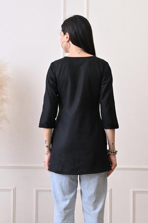 Black Embroidered Cotton Kurti (AM-TO-3025)