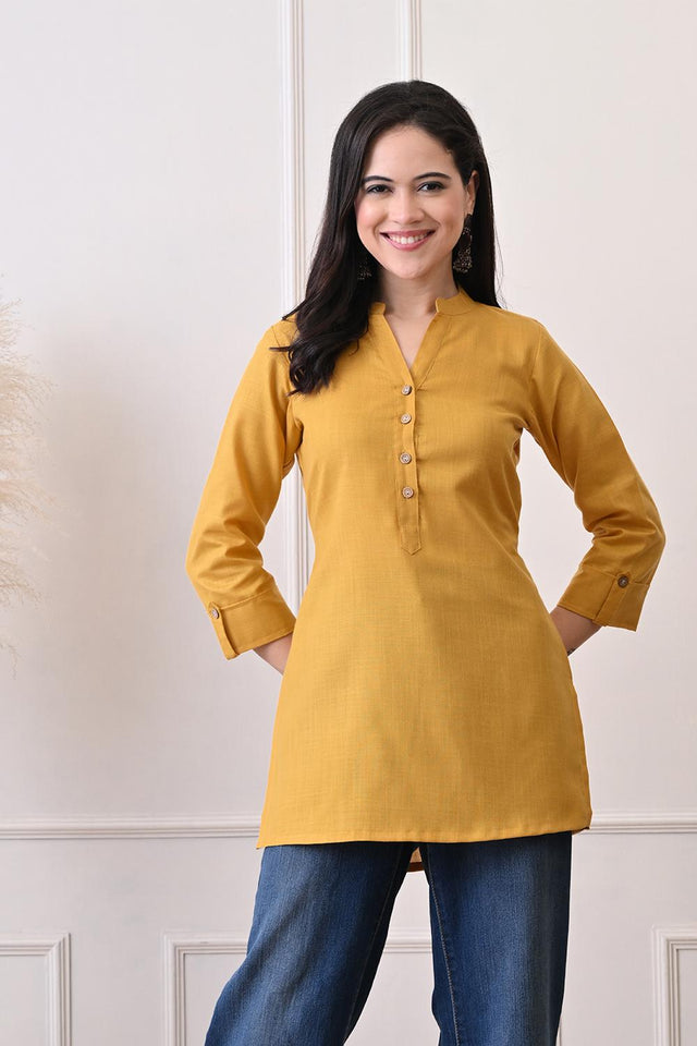 Mustard Embroidered Cotton Kurti (AM-TO-3026)